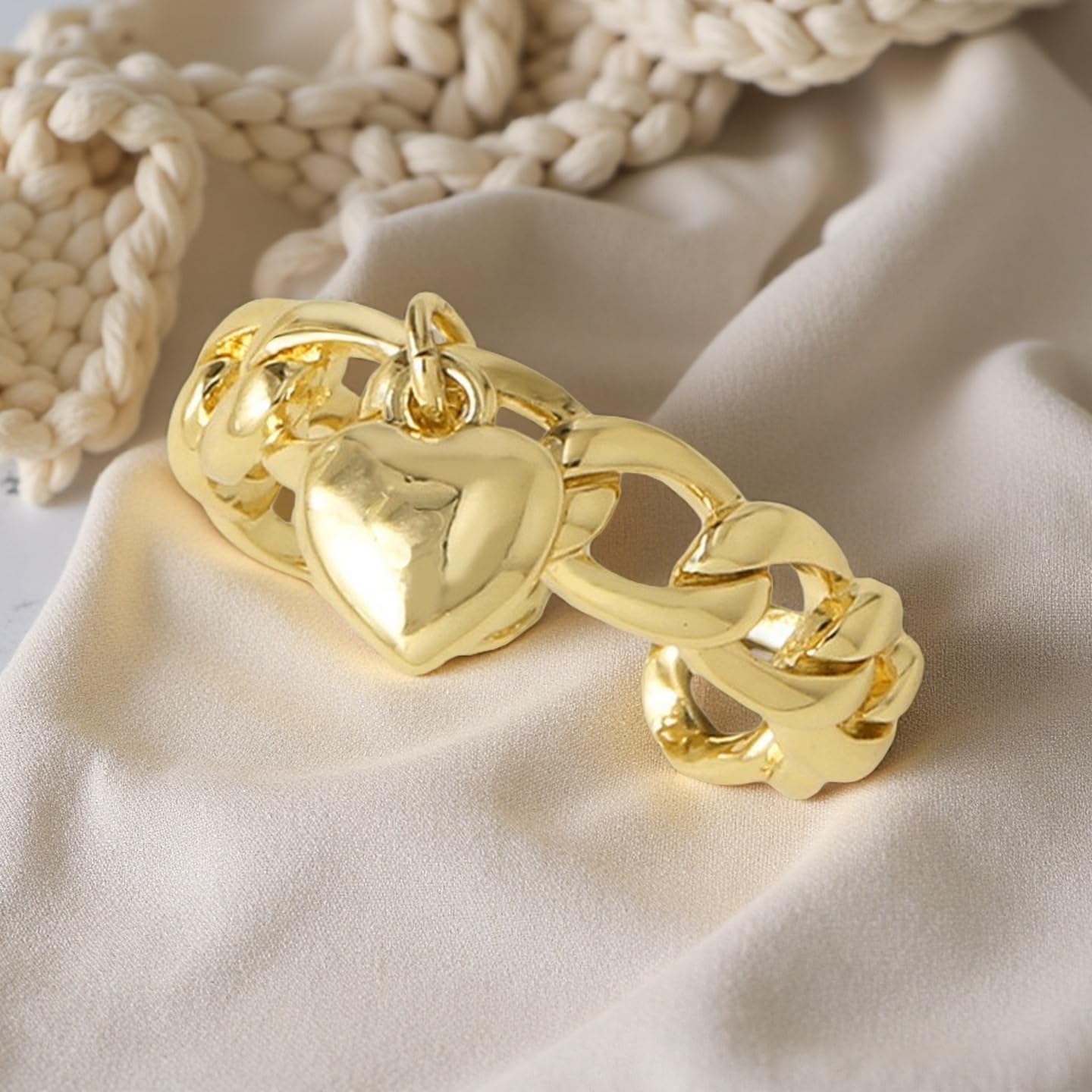 Solid Heart Cuban Chain Statement Ring for Women - Dangle Hanging Hearted Love Open Adjustable Stacking Bands Promise Eternity Wedding Engagement Rings Cute Birthday Jewelry for Lover - Image 4