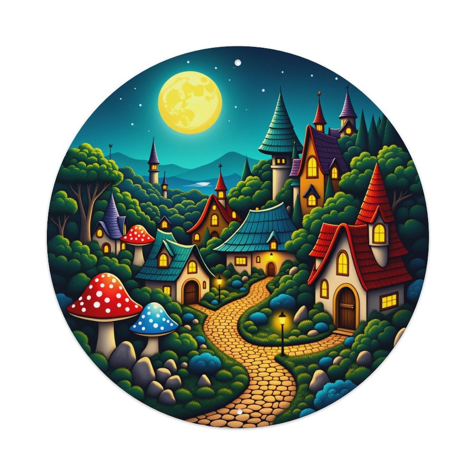 Fantasy Village Moonlight Path Mushrooms Metal Tin Sign Vintage Garden Bedroom Cafe Bar Man Cave Home Wall Decor Metal Poster 8x8 inches