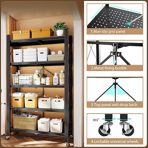 Miniatura 5 de JOYBOS Estantes de almacenamiento plegables de 5 niveles con ruedas, unidad de almacenamiento de metal resistente, estante utilitario sin montaje,