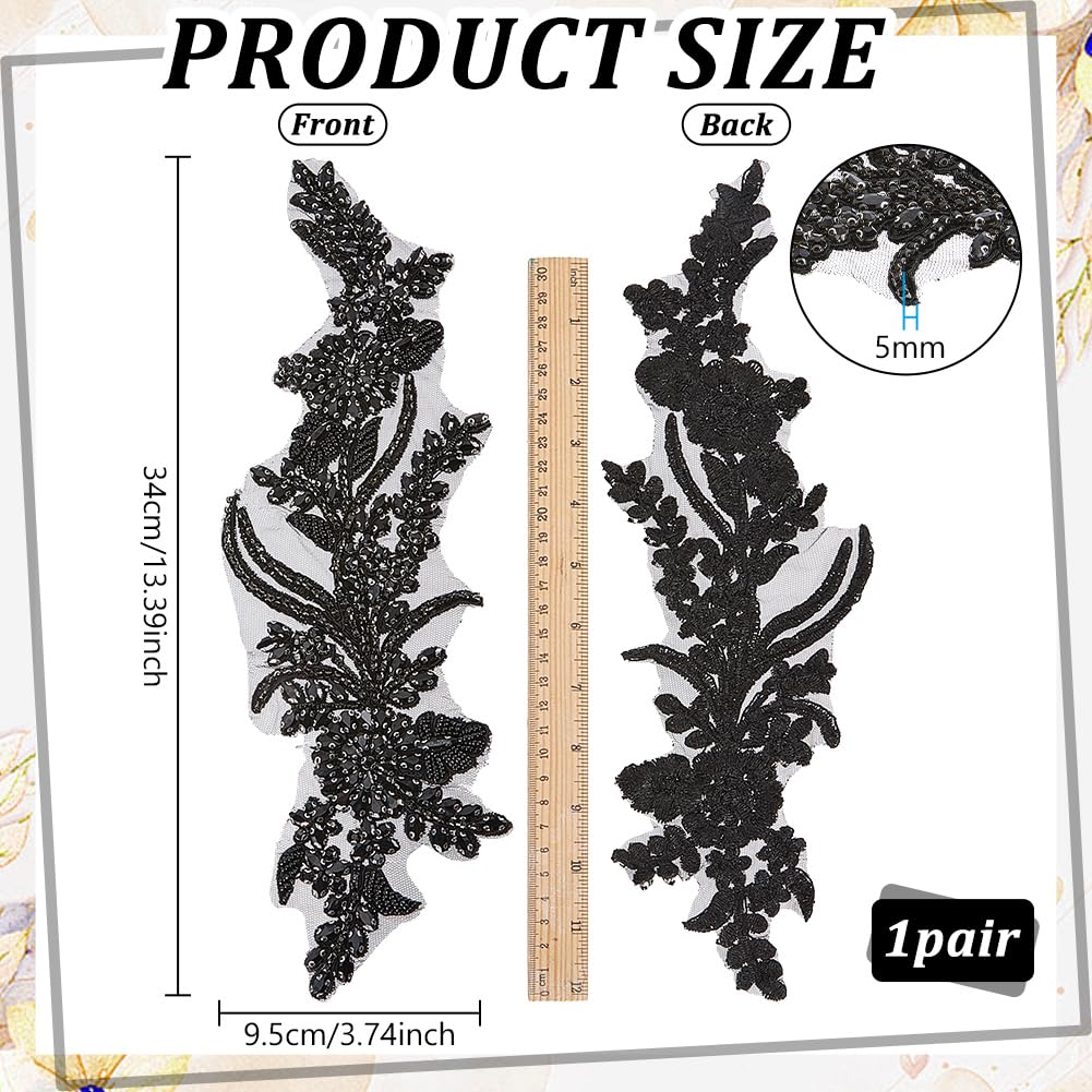 FINGERINSPIRE 1 par de apliques de flores de estrás de cristal 340 x 95 x 5 mm Negro Rhinestone apliques de flores bordados apliques de diamantes de imitación apliques de tela para vestidos de novia