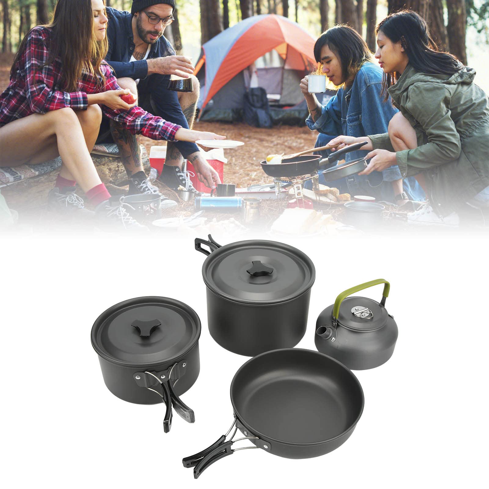 Camping-Kochset, Camping-Kochgeschirr-Set for 4–5 Personen – tragbarer Campingtopf, leichte Campingausrüstung, Campingtöpfe und Pfannen for Rucksackreisen