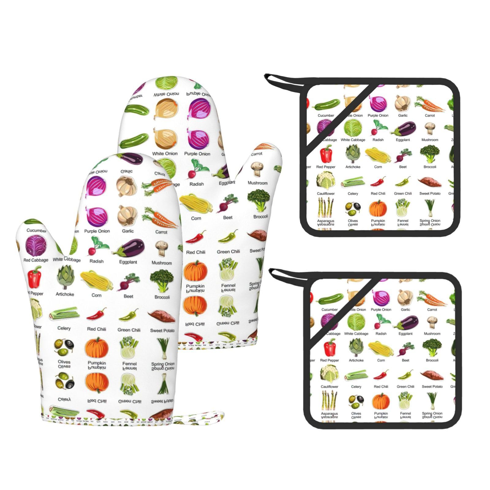 Introduction of various vegetables Printed Oven Gloves and Hot Pads Set of 4, High Heat Resistant Silicone Mitts for Cooking BBQ