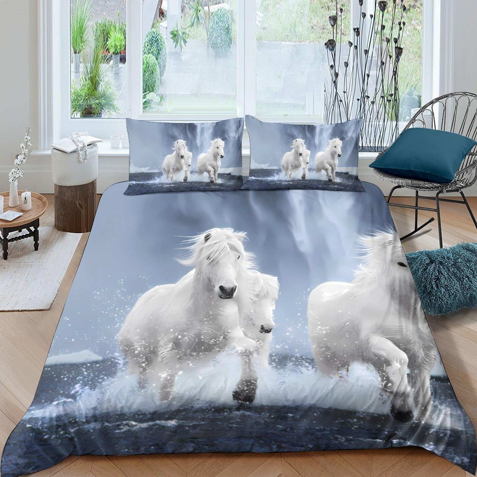 Ctjqhvkz Style-6 3D Printed Running White Horse Fitted Sheet Microfiber Soft Decorative Wild Horse Bed Cover For Bedroom Dorm Single（135X200cm）