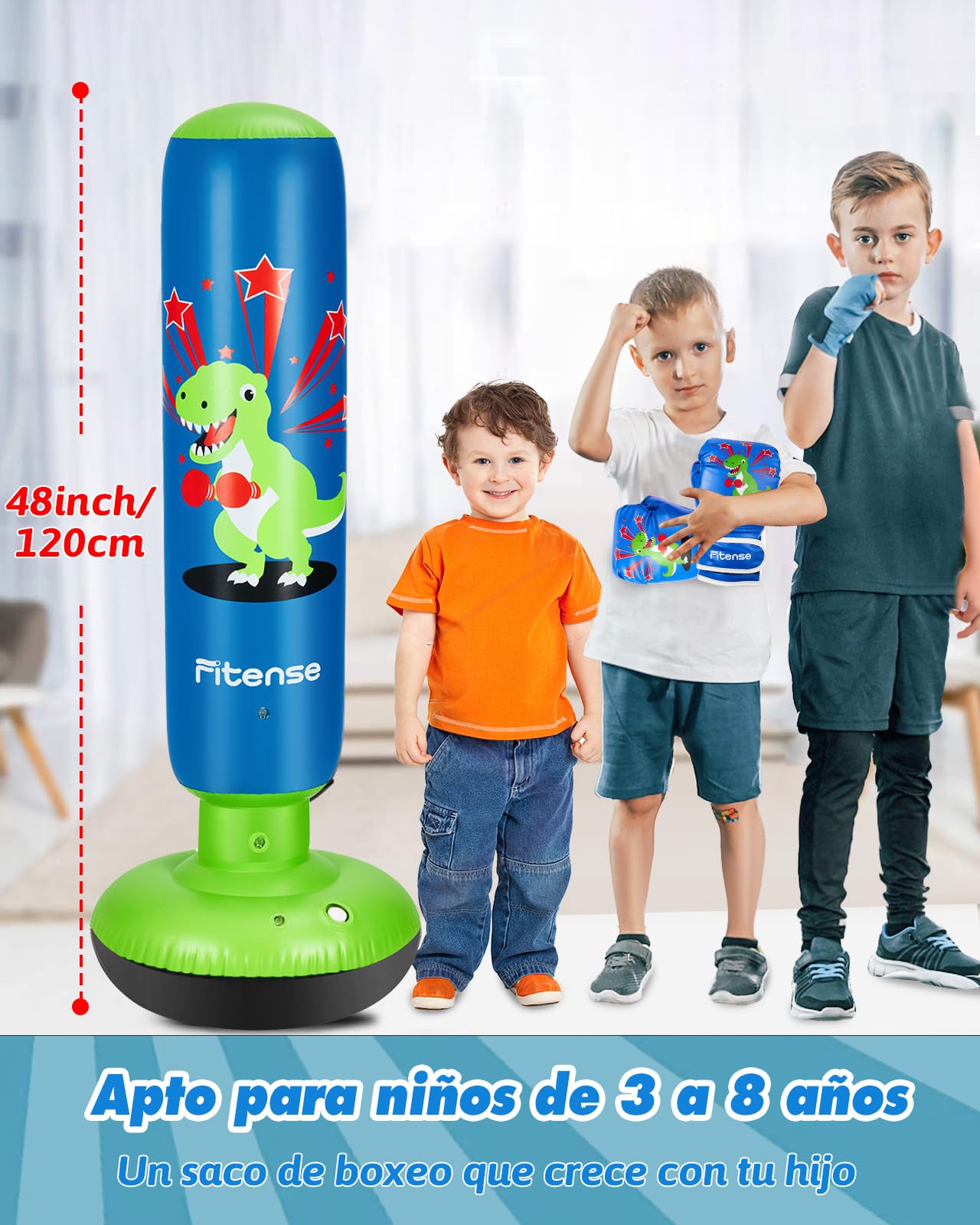 Fitense Saco de Boxeo Niños, 120cm Boxeo Saco Inflable con Guantes de Boxeo y Bomba, Punching Ball Estable para 3 a 8 Años, Set Saco de Boxeo de Pie Dinosaurio para Práctica de Karate, Taekwondo, MMA
