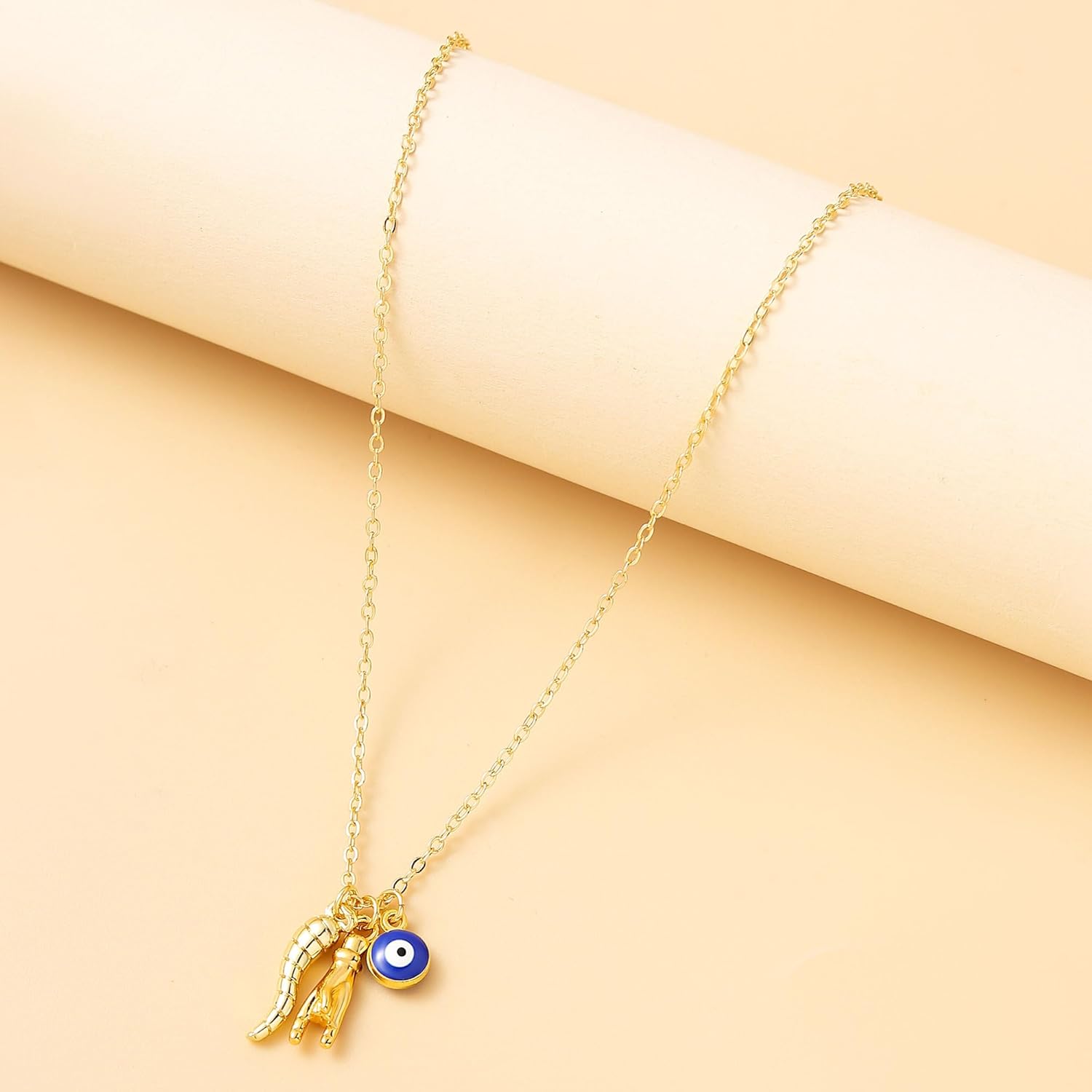 Dainty Blue Evil Eye Charm Horn Pendant Necklace for Women's Spiritual Protection Jewelry 14K Gold Plated - Image 4
