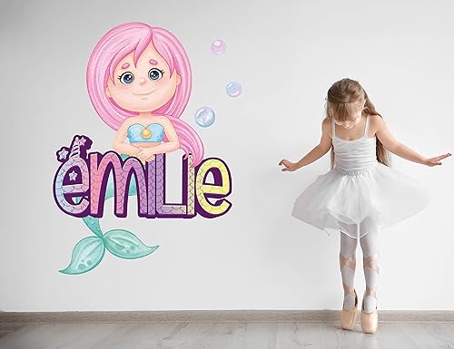 Calcomanía de pared de sirena con nombre personalizado, calcomanías de pared de sirena, decoración de habitación de sirena para dormitorio de niñas,