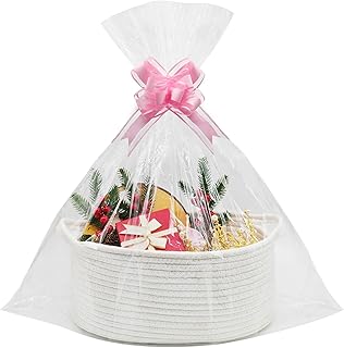 Gift Baskets Empty,1 Pcs Empty Hamper Basket with 2 Transparent Bags and 2 Pull Bows,Cotton Rope Basket for Baby Shower,Wedding,Birthday,Easter,Graduations(38 x 23 x 14 cm) (1PC)