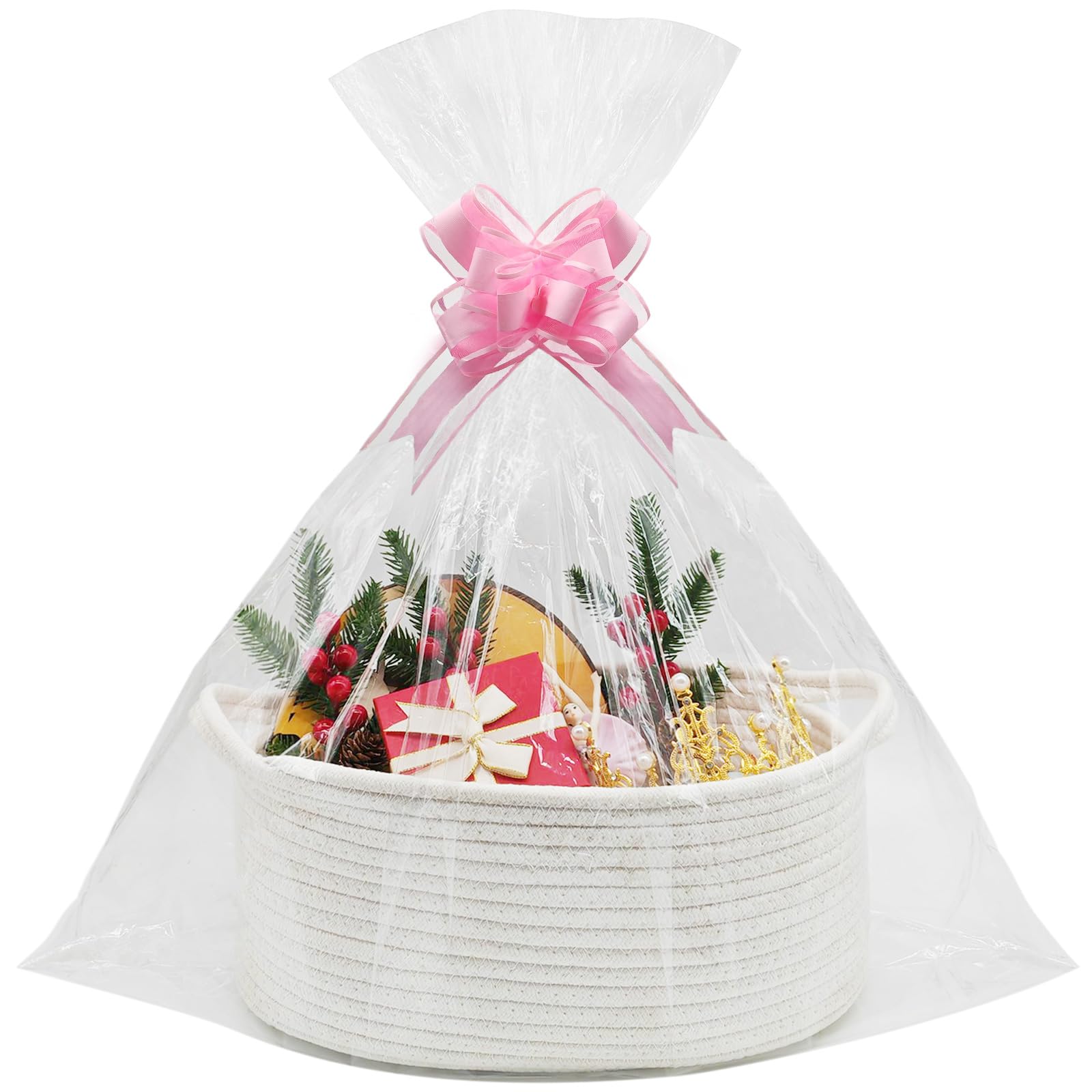 1 panier cadeau vide avec 2 sacs transparents et 2 nœuds à tirer, panier en corde de coton pour Noël, fête prénatale, mariage, anniversaire, Pâques (38 x 23 x 14 cm)