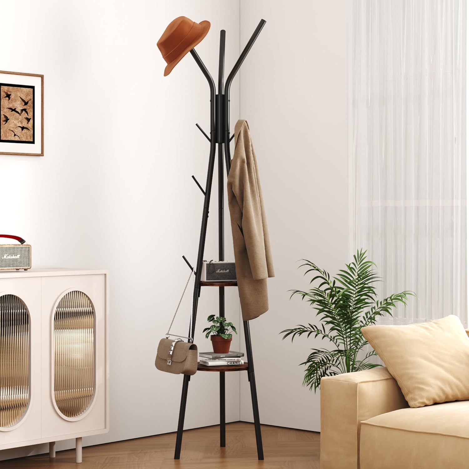 HOMEFORT Coat Rack, Coat Hanger Stand with 2 Shelves, Freestanding Hall Tree, Metal Hat Hanger with 12 Hooks for Clothes Hats and Scarves, Black and Rustic Brown,15.7" Wx15.7 Dx72.8H