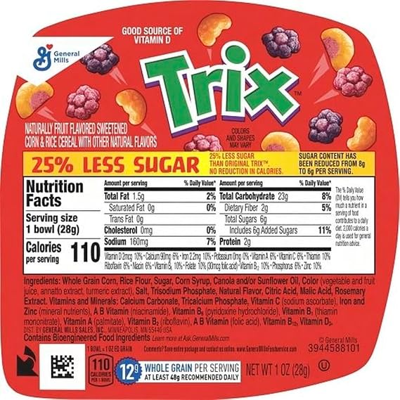 Trix 25 Percent Less Sugar Cereal, 1 Ounce - 96 per case.