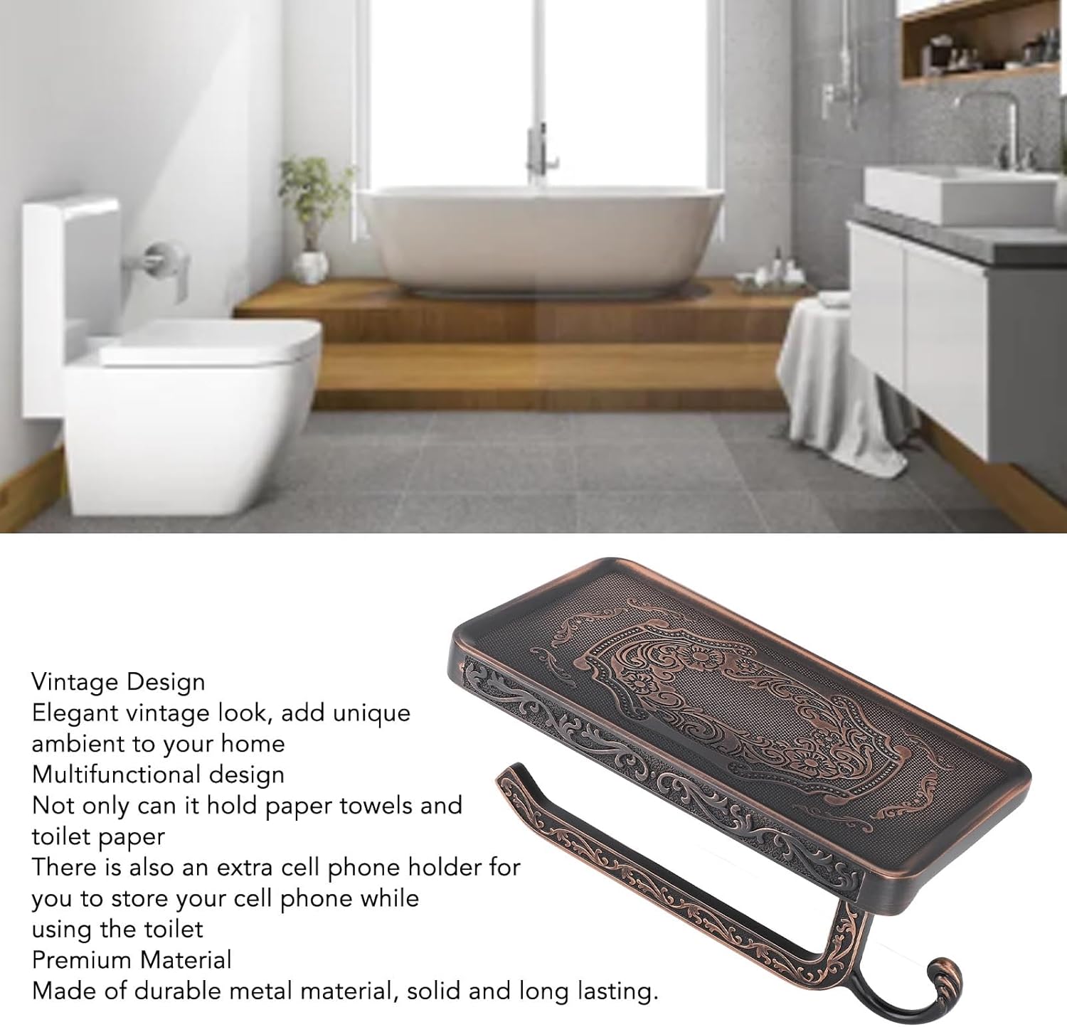 Retro Zinc Alloy Toilet Paper Holder with Shelf, Multipurpose Double Layer Bathroom Tissue Holder with Phone Shelf, Elegant and Space Saving Design (A2)