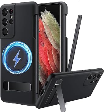 for Galaxy S21 Ultra Case with S Pen Holder, Strong Magnetic Compatible with MagSafe, Adjustable Metal Kickstand, Liquid Silicone Phone Cover with Stylus Slot for Samsung Galaxy S21 Ultra Black