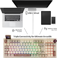 EPOMAKER RT100 98 gombos mechanikus gaming billentyűzet, ISO UK, vezeték nélküli, Bluetooth, USB, hot-swap, 5000 mAh, retro fehér 4