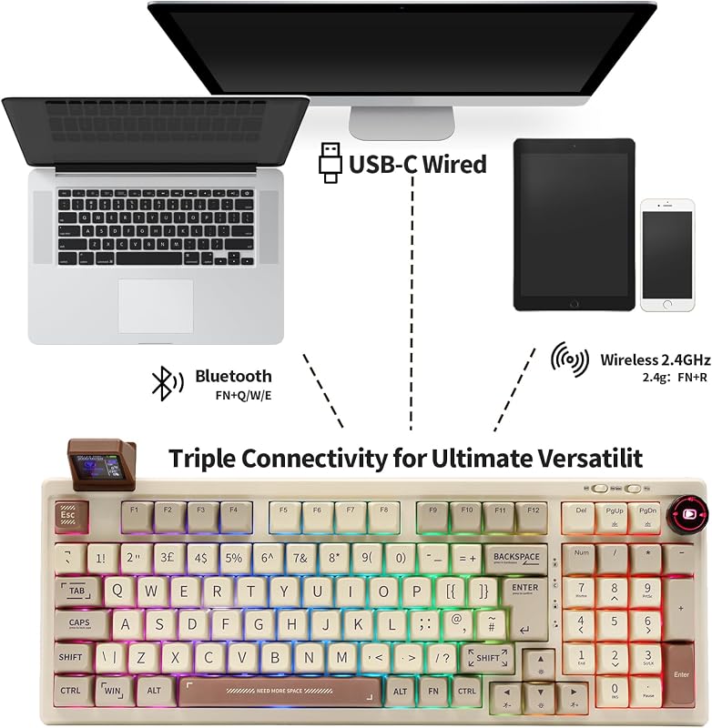 EPOMAKER RT100 98 gombos mechanikus gaming billentyűzet, ISO UK, vezeték nélküli, Bluetooth, USB, hot-swap, 5000 mAh, retro fehér