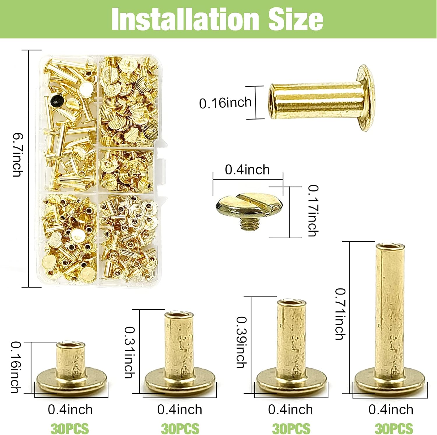 ACTENLY 120 Sets Chicago Screws Assorted Kit 4 Sizes Leather Rivets Screw Rivets Flat Fillister Book Binding Posts Nail Rivet Chicago Bolts for DIY Leather Craft Bookbinding (4x4, 8, 10, 18mm, Gold) : Industrial & Scientific