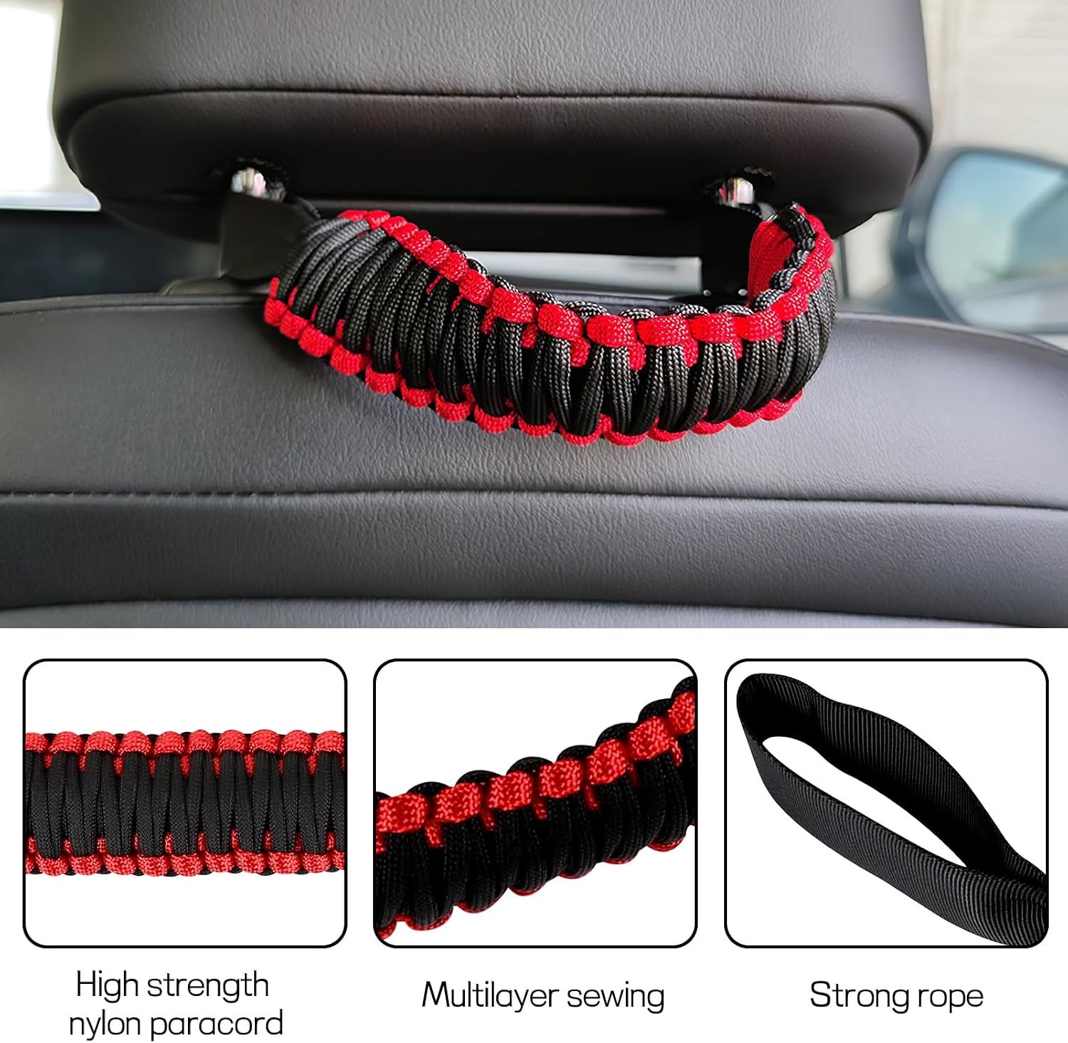 wuyaoyao 2PCS Car Headrest Grab Handles, Nylon Paracord Auto Back Seat Grab Handle, Seat Mount Passenger Grip Handles, Universal Interior Car Accessories for SUVs Trucks Pickups (Red+Black)