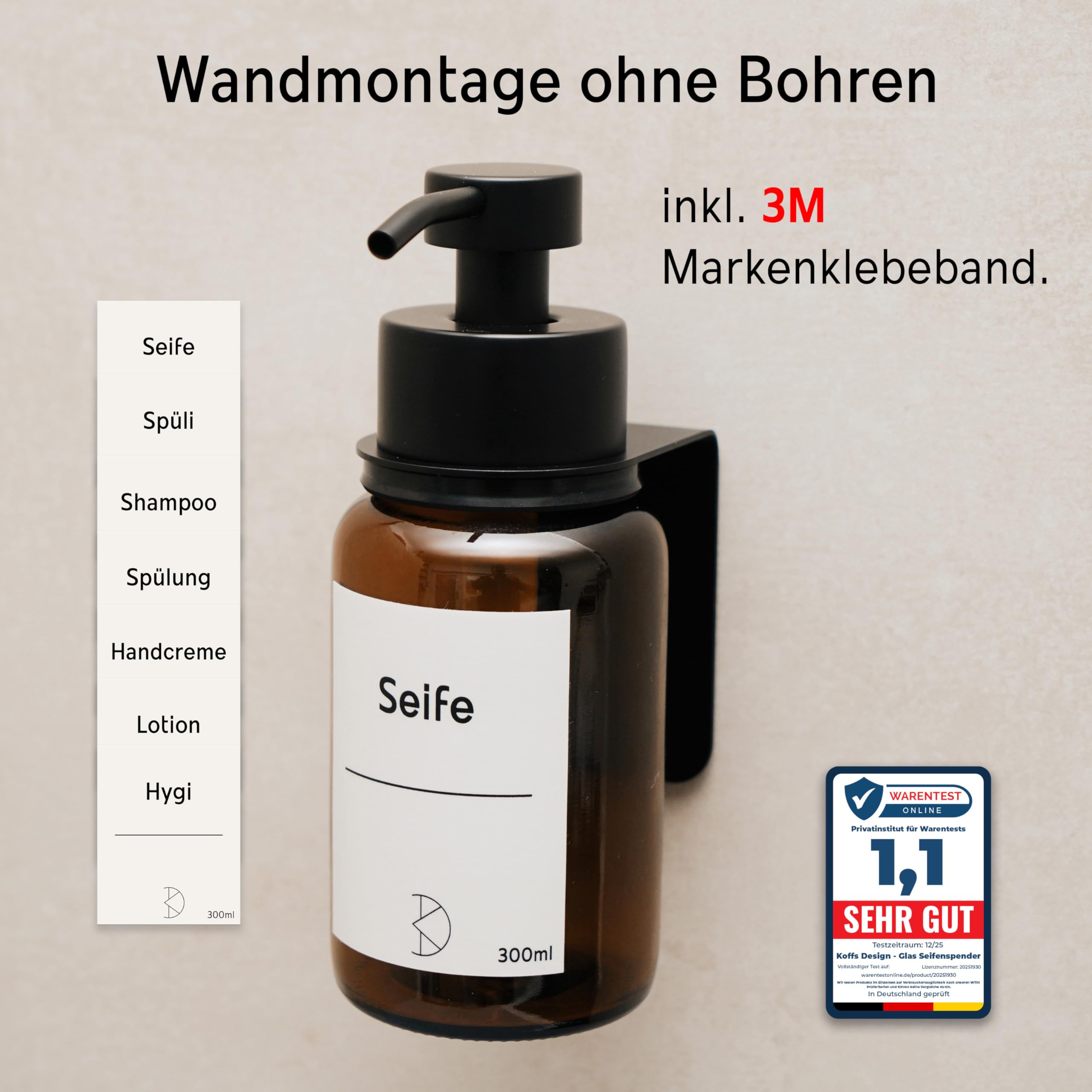 Glas Seifenspender mit Wandbefestigung - 300ml Braunglas Spülmittelspender mit Edelstahl Pumpkopf - Wandmontage ohne Bohren mit 3M Montageband, Set 2-Fach Halter