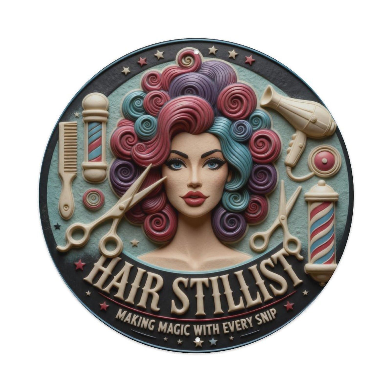 Colorful Hair Stylist Emblem Design Round Metal Tin Sign Vintage Wall Decor, Bar Garage Cafe Kitchen Home Wall Art Poster 8x8inches