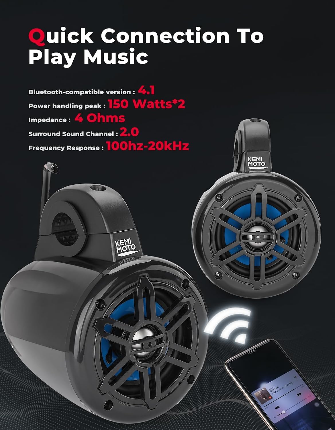 KEMIMOTO ATV UTV Speaker 4 Inch Marine-Grade Tower Speaker, Fit 1.65-2in Roll Bar Sound Stereo System with AMP Compatible with Can-Am, Polaris RZR, Ranger, Kawasaki Artic Cat, Marine, Golf Cart - Image 8