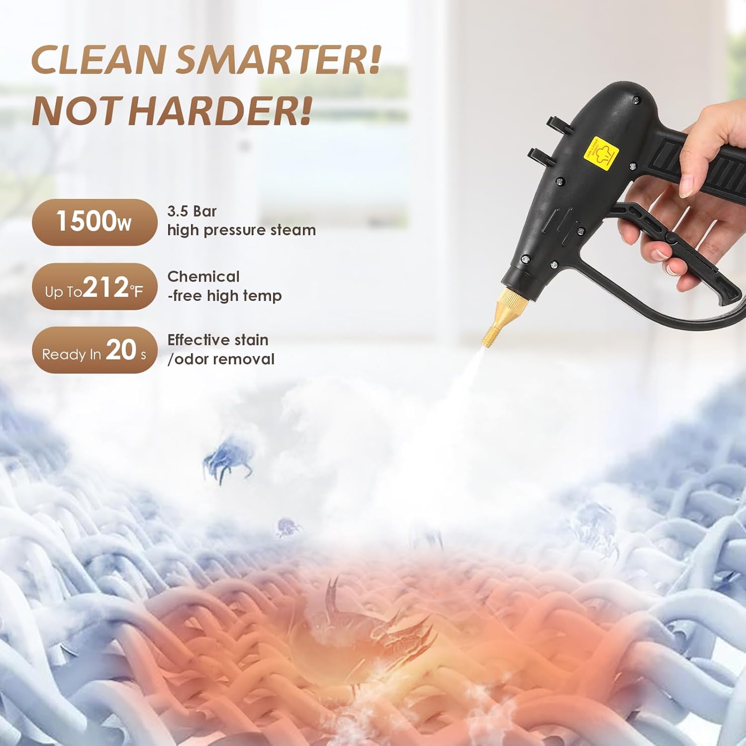 Pressurized Steam Cleaner Tankless, 1500W Handheld Steamer for Cleaning Grout Tile, Hand Held Portable Steam Pressure Washer for Home Kitchen Bathroom Car Auto 110V(Yellow)