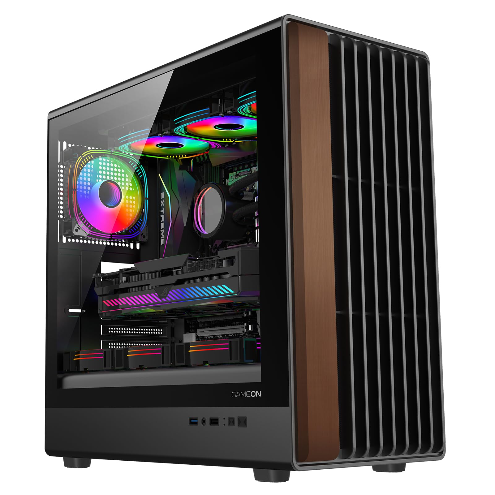GAMEON TIMBER Midnight Series ARGB Gaming Case – Mid Tower | 7× Pre-Installed ARGB+PWM Fans | Wood-Texture Panels | 3mm Tempered Glass | ATX/M-ATX/ITX Support | 420mm GPU Compatibility – Wood/Black - 1