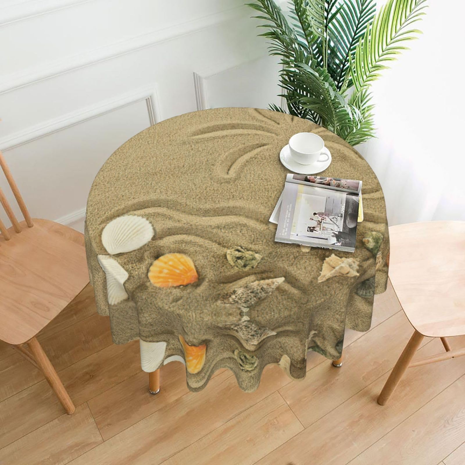 Uusnwaa Starfish With Palm Trees Print Round Tablecloth 60 Inch, Stain Wrinkle Resistant Washable Polyester Table Cover For Kitchen Party