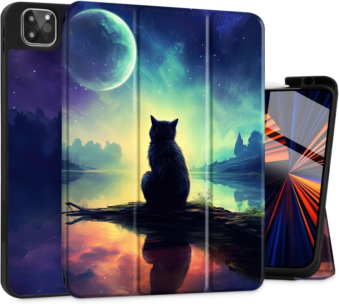 Tuiklo for iPad Pro 12.9 inch 6th / 5th / 4th / 3rd Generation 2022 2021 2020 2018 Release Case- Built in Pencil Holder Slim Protective Cover with Auto Wake/Sleep, Cat and Moon
