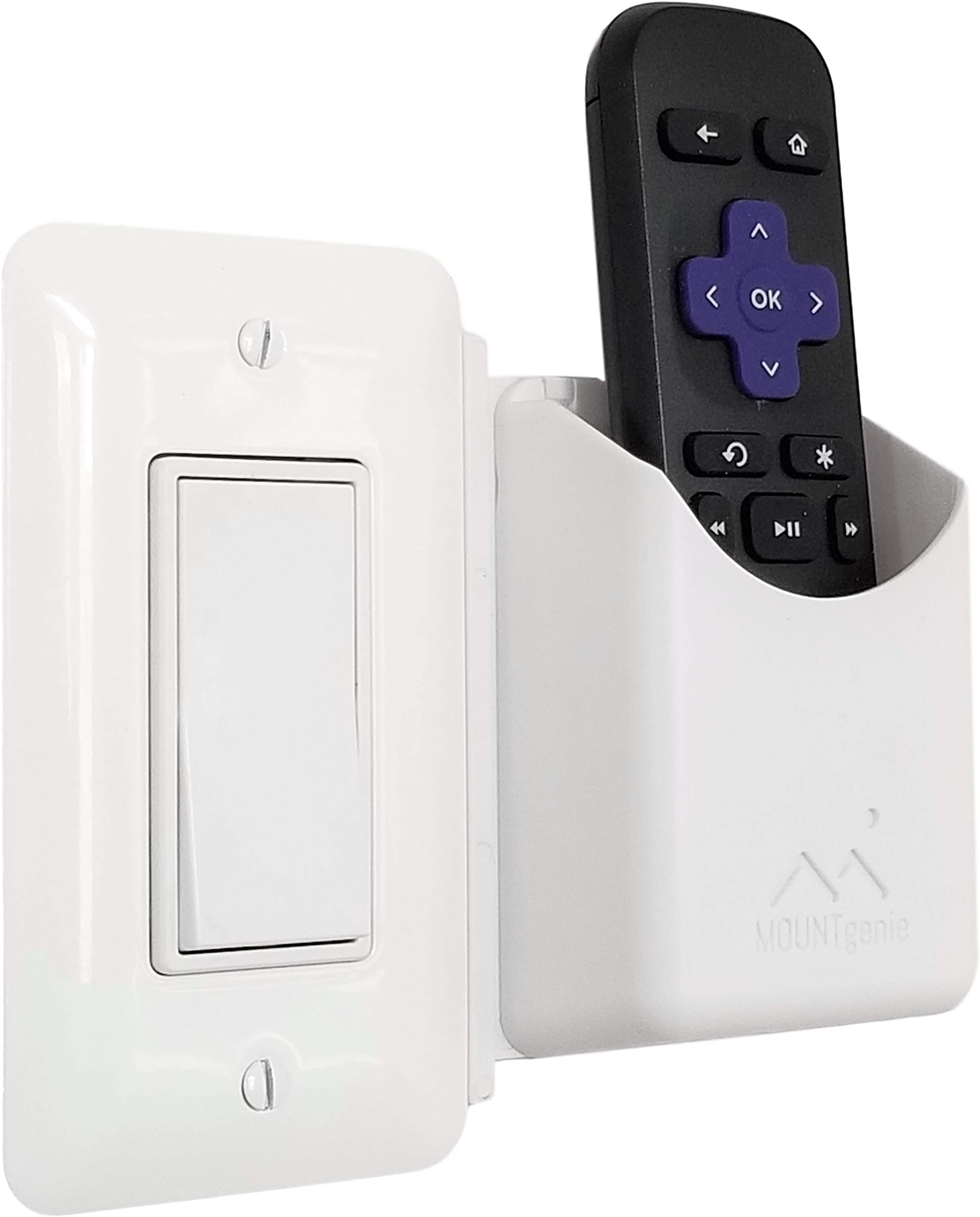 The No-Screwups Remote Control Holder by Mount Genie (White): Wall Mount with No Damaging Screws or Tape. Installs in Seconds on Any Light Switch. Great for TV, Ceiling Fan and Roku Remotes.