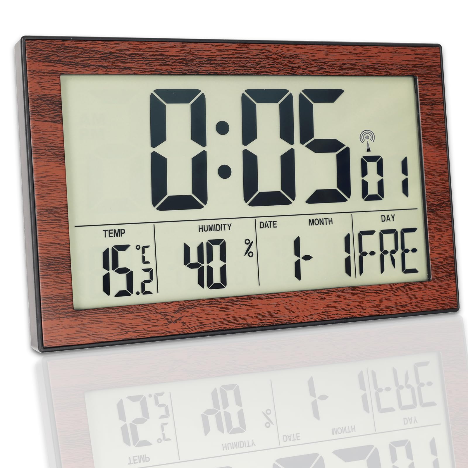 Crosstime Reloj de pared digital por radio con indicador de temperatura e indicador de humedad, radio reloj digital con retroiluminación, plástico veta de madera, 20,1 x 12,4 cm