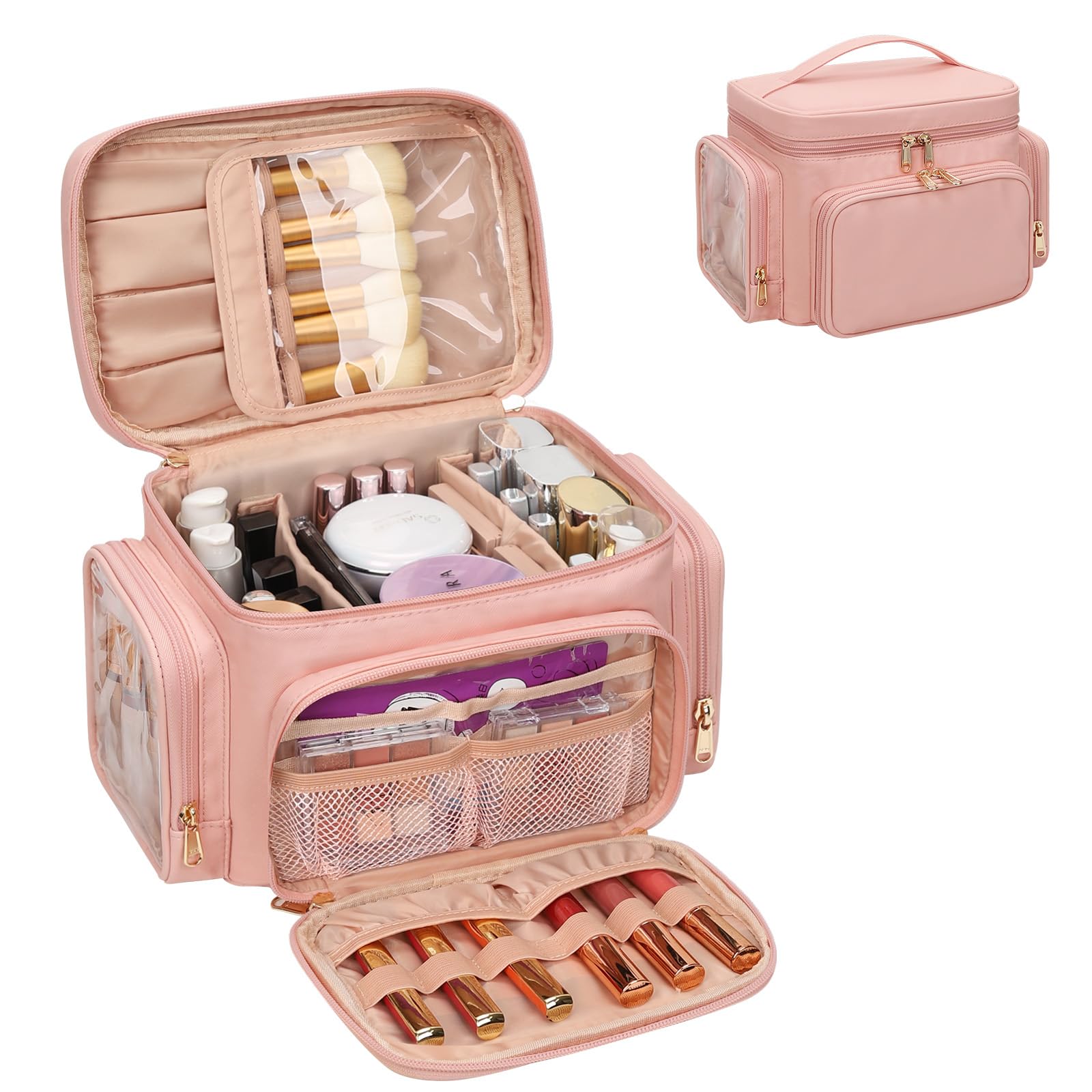 Grande trousse per il trucco da viaggio per donna con scomparto portapennelli, organizer portatile, Rosa