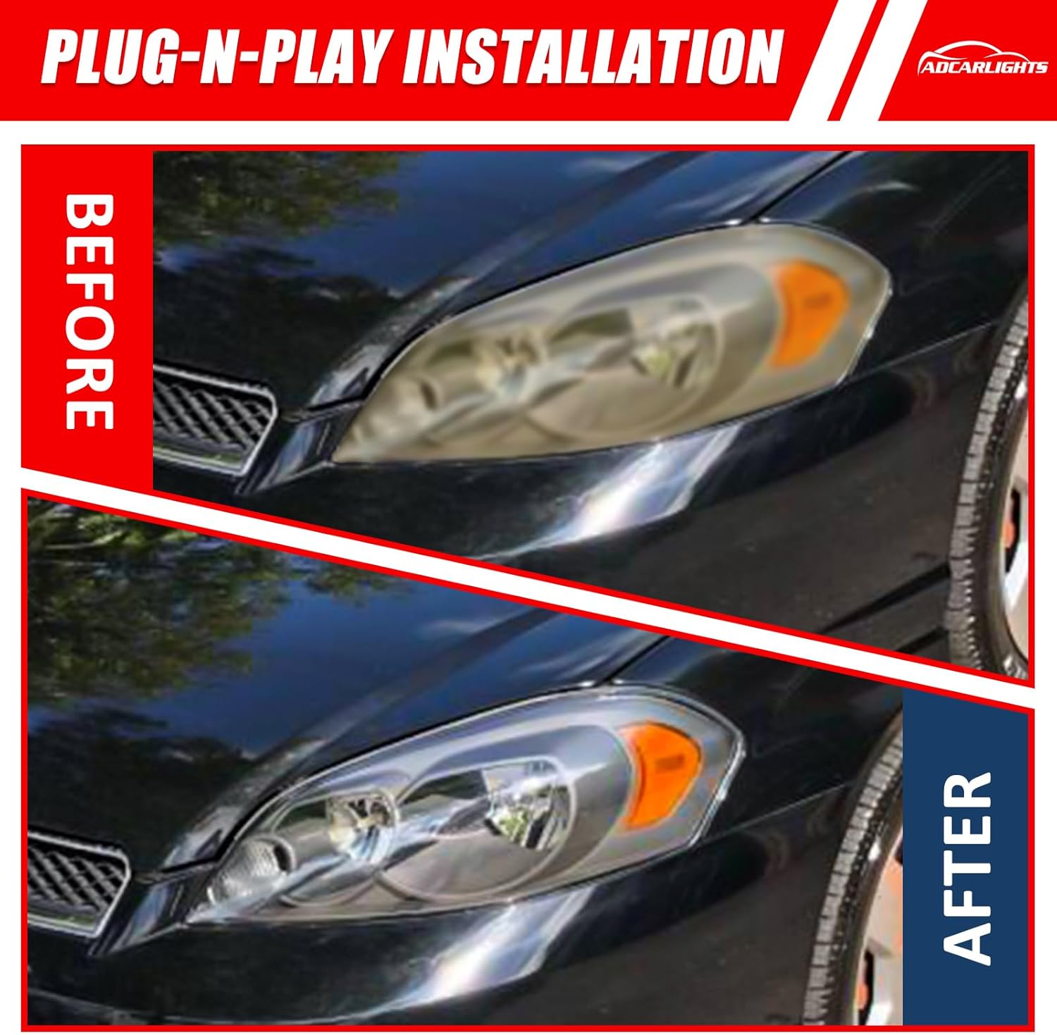 for 2006-2013 Impala Headlight Assembly compatible with 14-15 Chevy Impala Limited / 06-07 Chevy Monte Carlo Clear Lens Black Housing Amber Reflector Headlamp Replacement