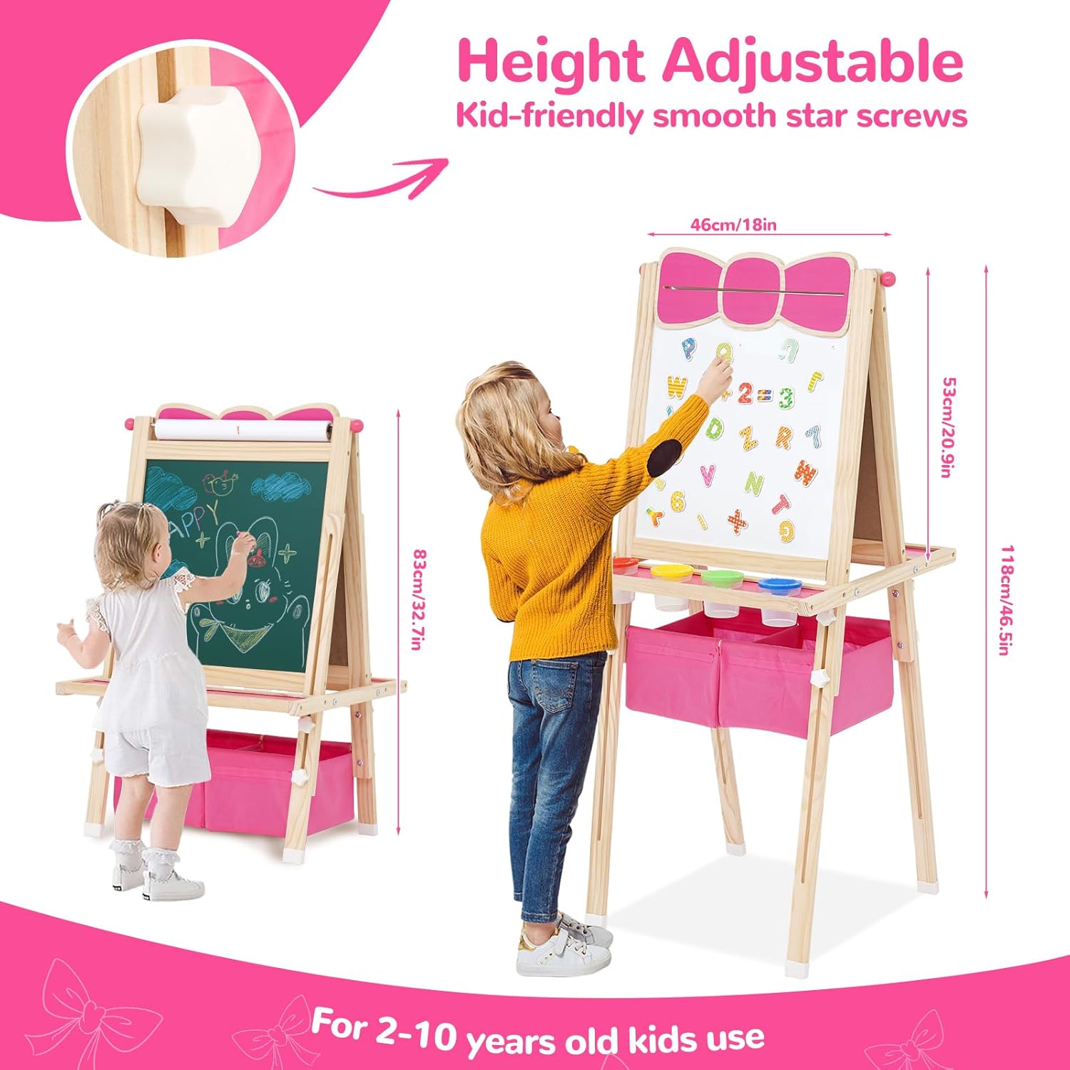 Kids Wooden Easel, All-in-one Toddlers Easel Double Sided Standing Whiteboard Blackboard Children Art Easel with Storage, Height Adjustable Pink Drawing Board for Girls Painting and Writing