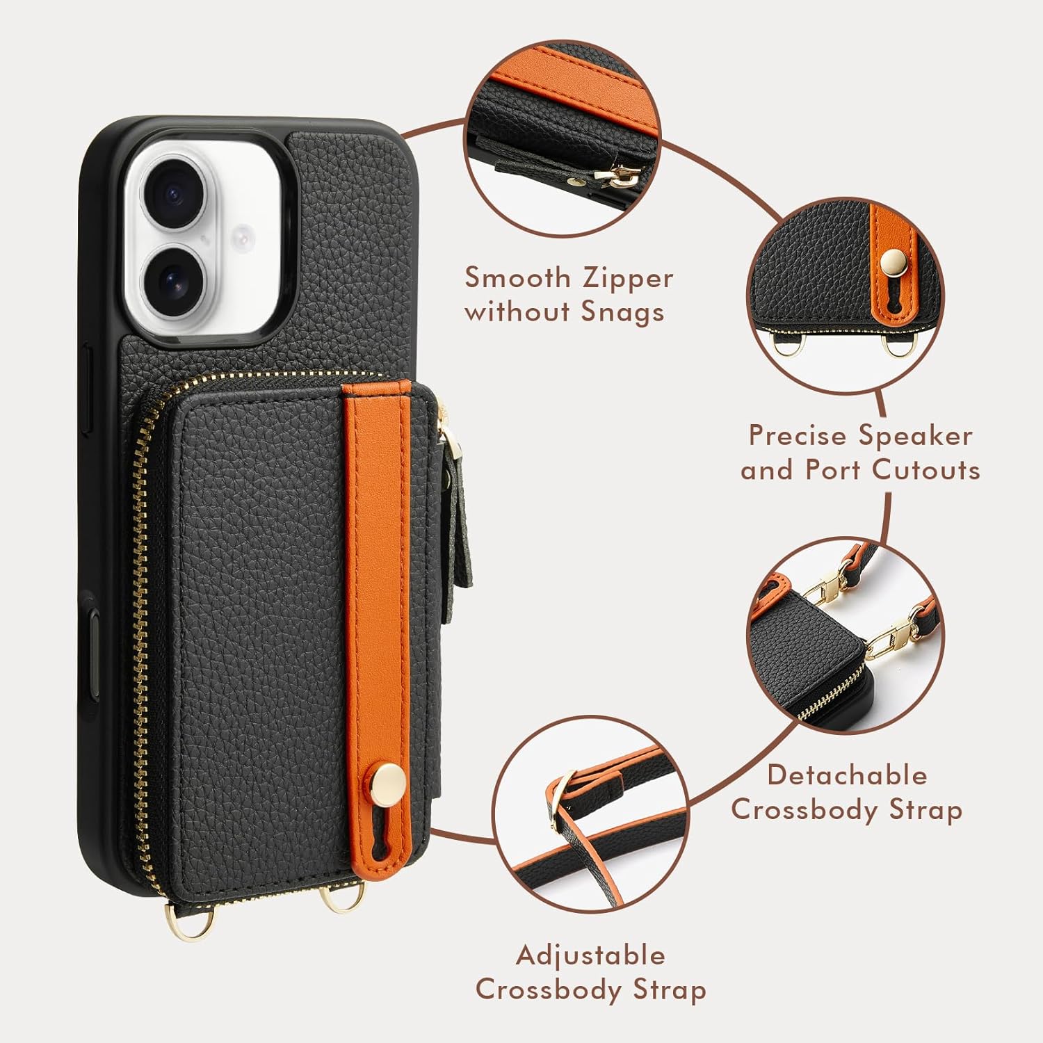 LAMEEKU Compatible with iPhone 16 Wallet Case with Card Holder, Zipper Leather Crossbody Case with Phone Grip Holder Stand Wrist Strap for Women 6.1 inch Black