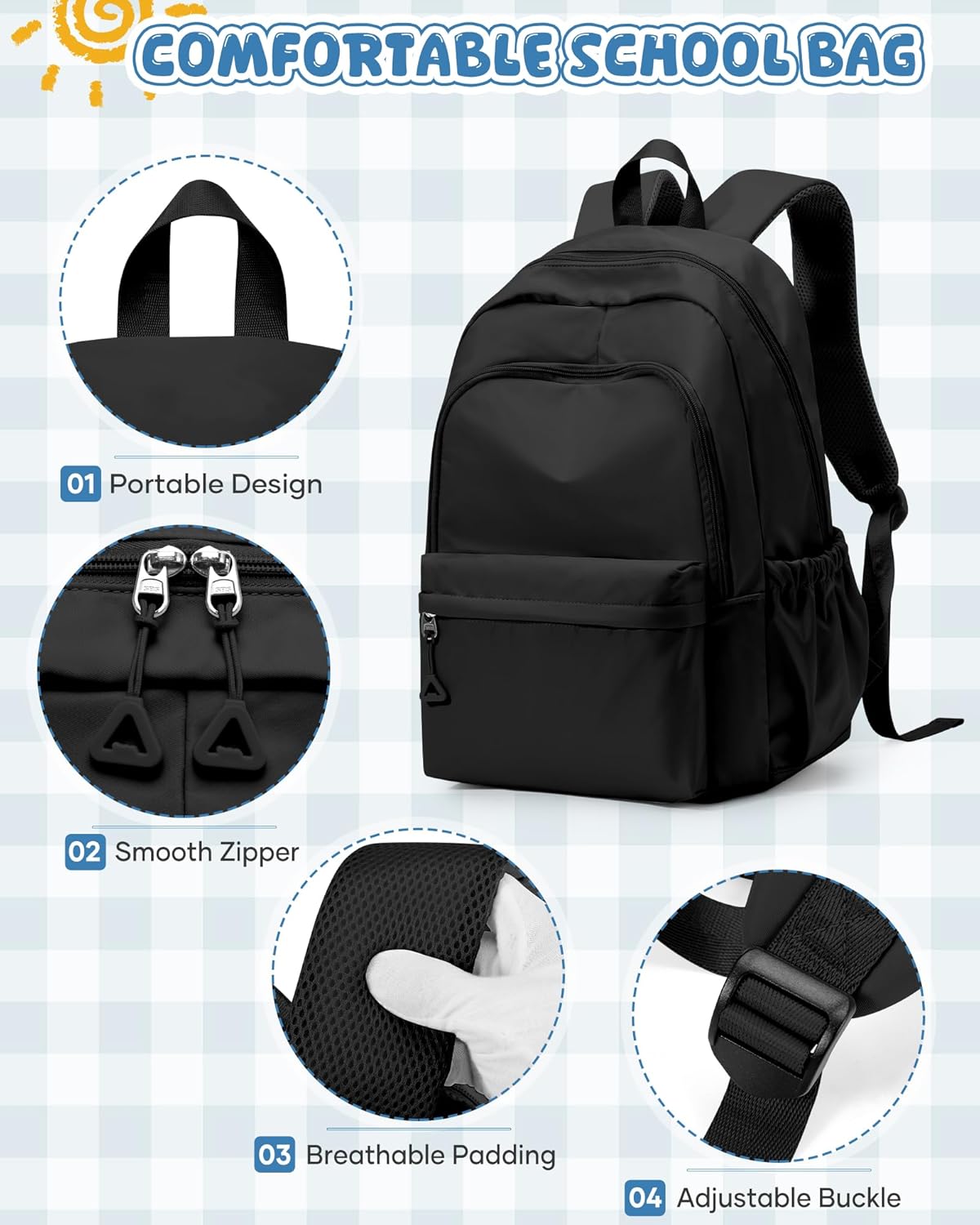 winspansy Backpack for School Teenage Girls Boys,Waterproof Lightweight School Bags Travel Daypack Simple Cute College Backpack Rucksack for Women Men fit 14 Inch Laptop,Black - Image 4