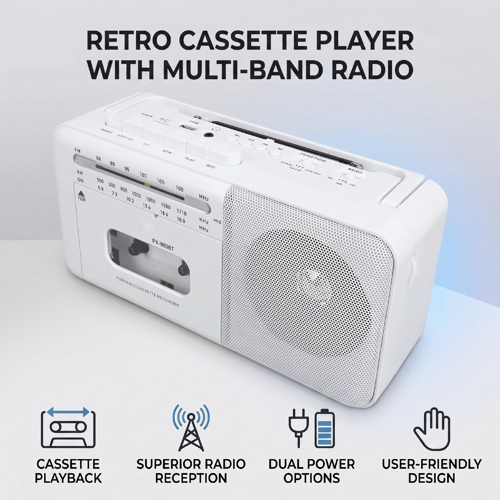 Luocute Reproductor de Casete Retro con Radio Am FM SW, Grabadora de Cinta Portátil con Conector para Auriculares, Función de Grabación, Bluetooth, Reproducción USB para Viajes en Casa