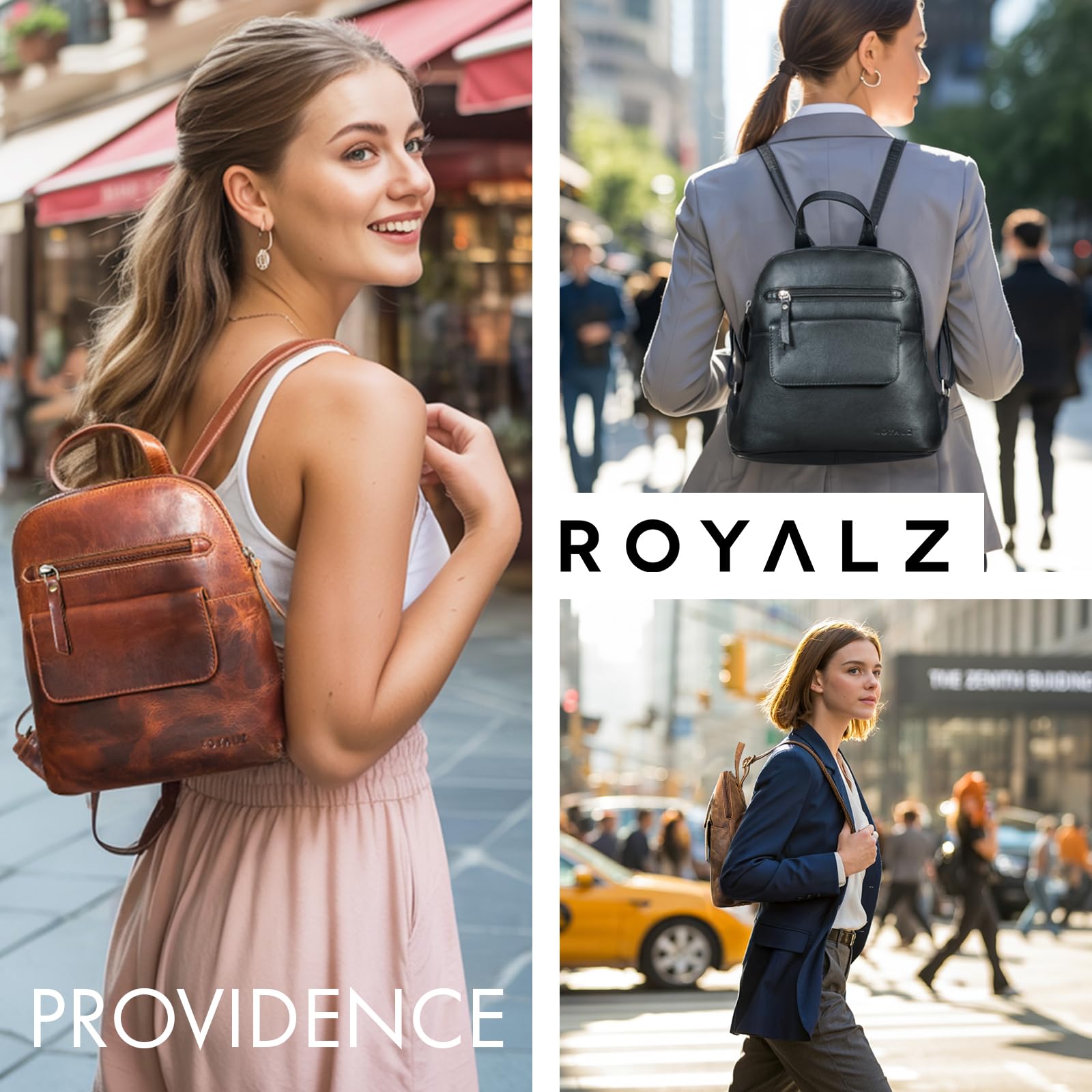 ROYALZ "Providence Echtleder Rucksack Damen klein elegant - Rucksackhandtaschen Leder für Frauen - Moderner Mini Lederrucksack im Vintage Look Cityrucksack;Farbe:Navy Grau