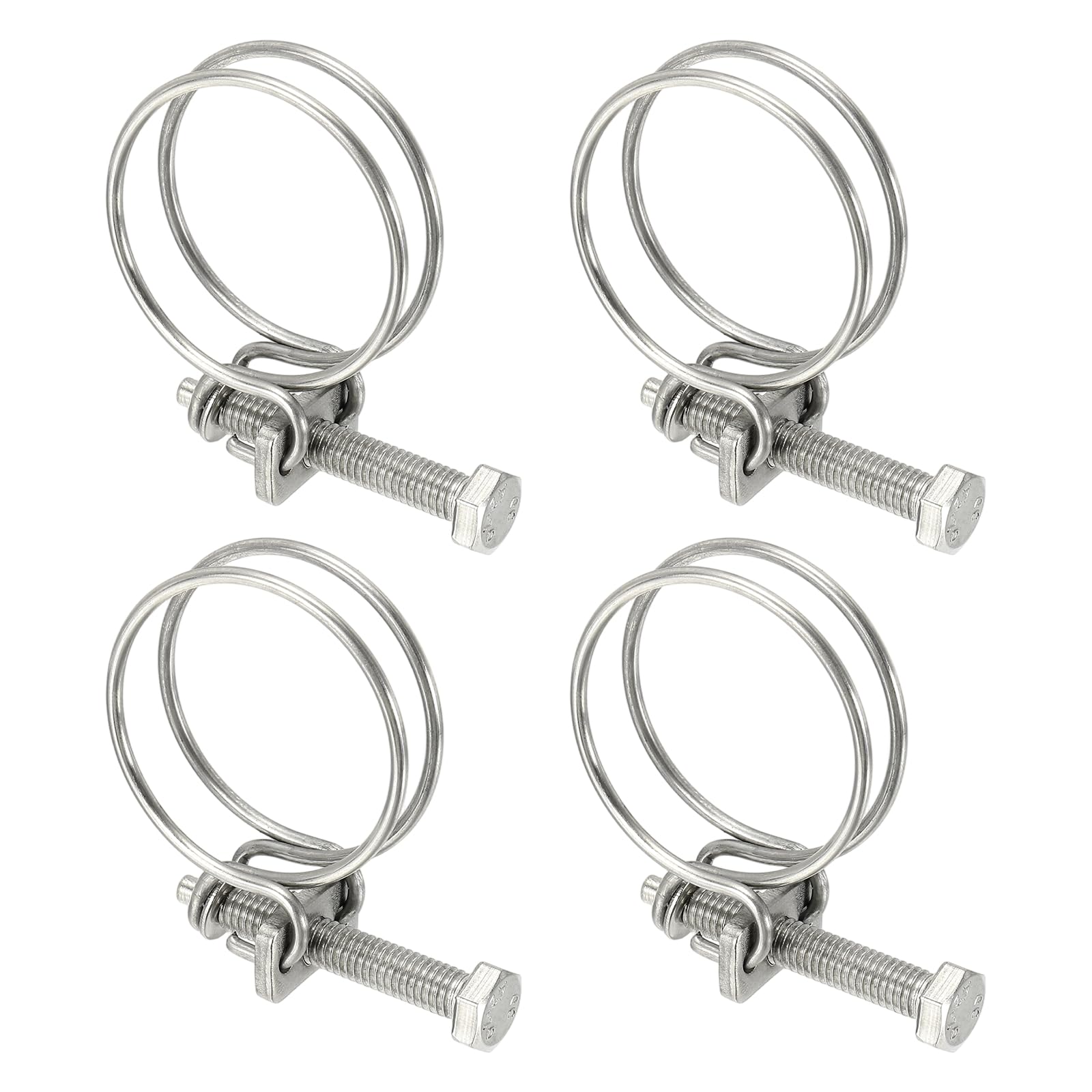 sourcing map 4 Pcs Double Wire Hose Clips 32-36 mm 304 Stainless Steel Adjustable Wire Pipe Tube Clamps with M6 Screw Plumbing Joint Fastener for Dust Collection Pool Pond, Silver