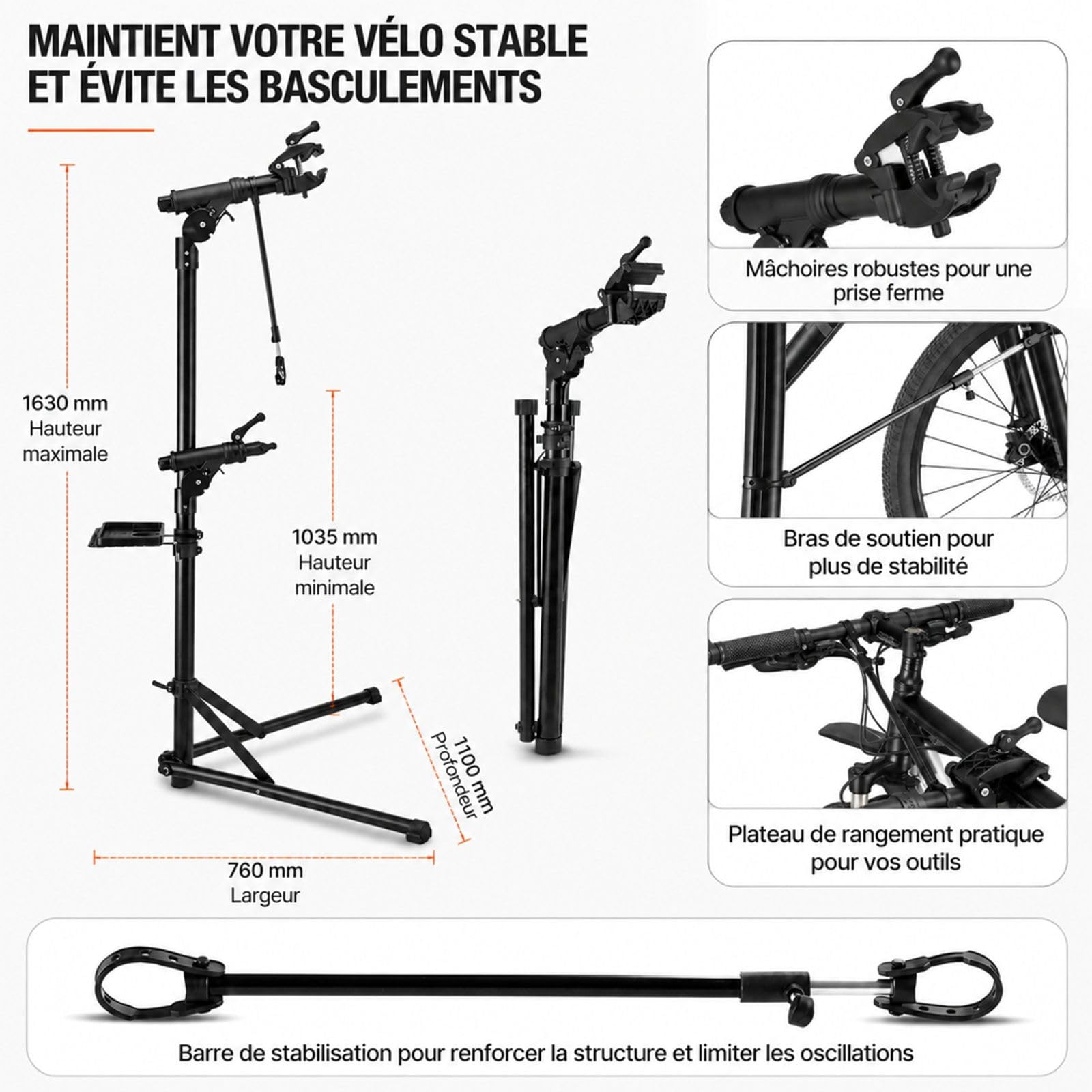 Pied d'atelier pour vélo avec plateau à outils et pince de maintien pour réparation à domicile ou atelier