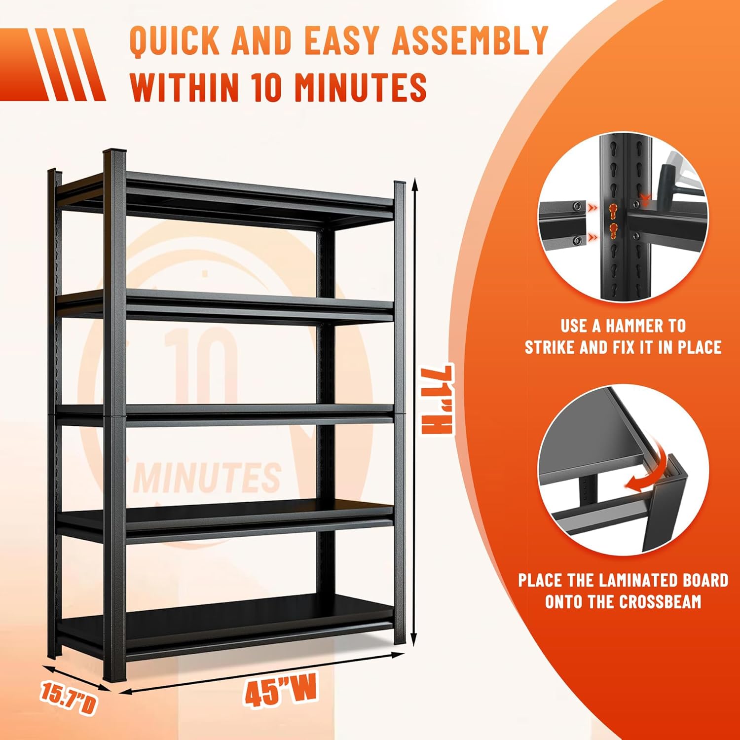 Heavy Duty 5-Tier Shelving Unit 2500LBS Capacity - Adjustable Steel Garage Shelves for Warehouse, Basement Storage,71''H×45.3''W×15.7''D