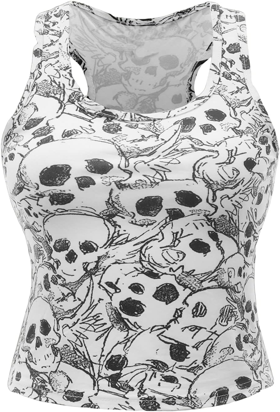 SOLY HUXWomen's Skull Print Sleeveless Round Neck Casual Summer Crop Tank Tops