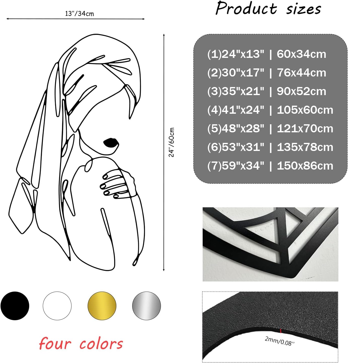 SZI Feminine Bathroom Metal Wall Art, Woman in Towel Metal Line Art Wall Decor, Minimalist Feminine Bathroom Wall Decor (Black, 24"x13"|60x34cm)