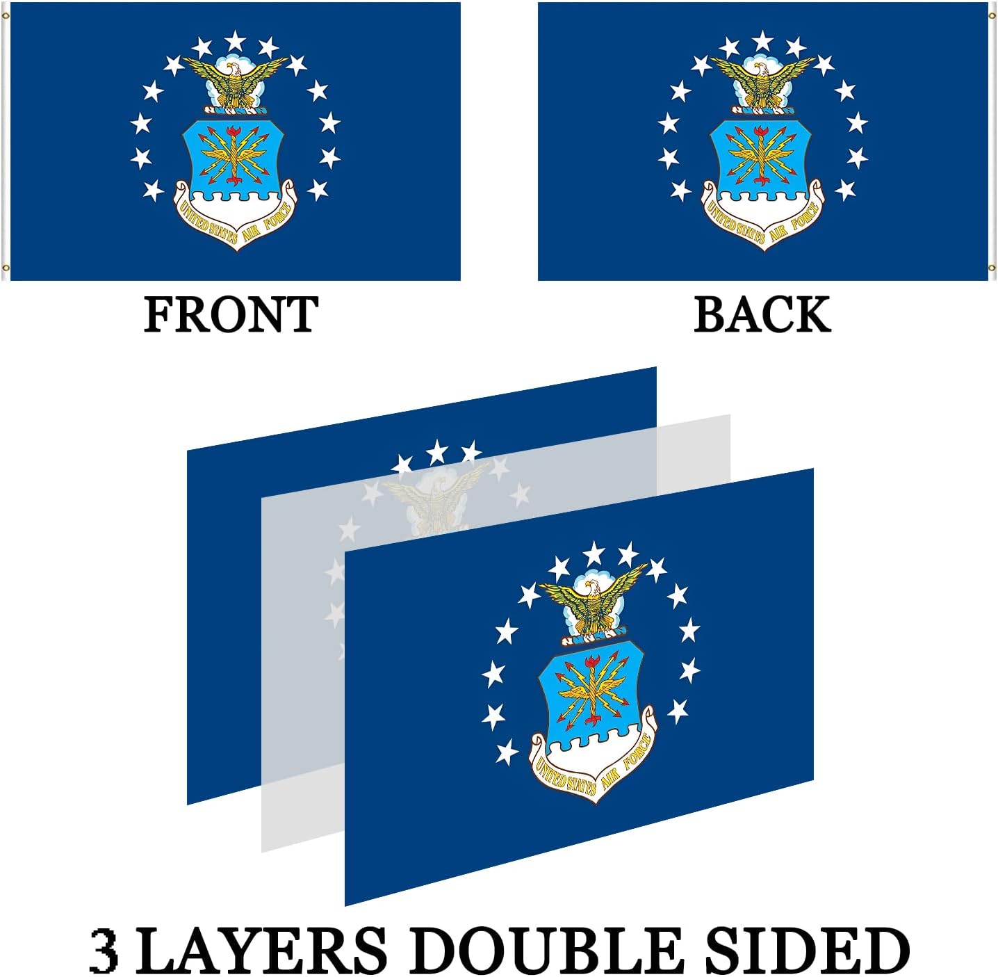 US Air Force USAF Flag 2x3 Double Sided- Heavy Duty 3 Ply 210D- 2x3 Airforce USAF Flag- With Canvas Header & 2 Brass Grommets - Image 3