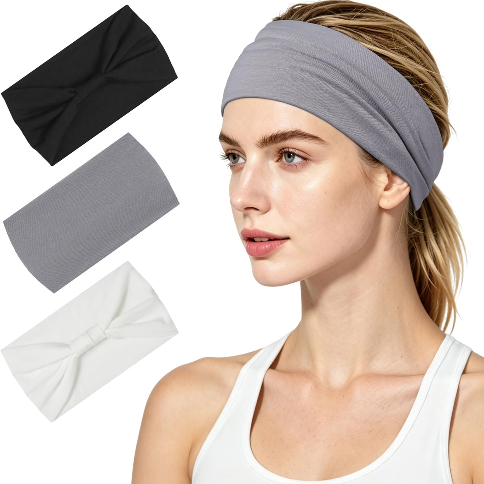 WantGor Headbands for Women, Wide Elastic Headband Large Knotted Head Bands Thick Sports Stretchy Sweat Bands Hair Accessories for Gym, Workout, Makeup, Running, 3 Pack (Black, White, Grey)-image-47