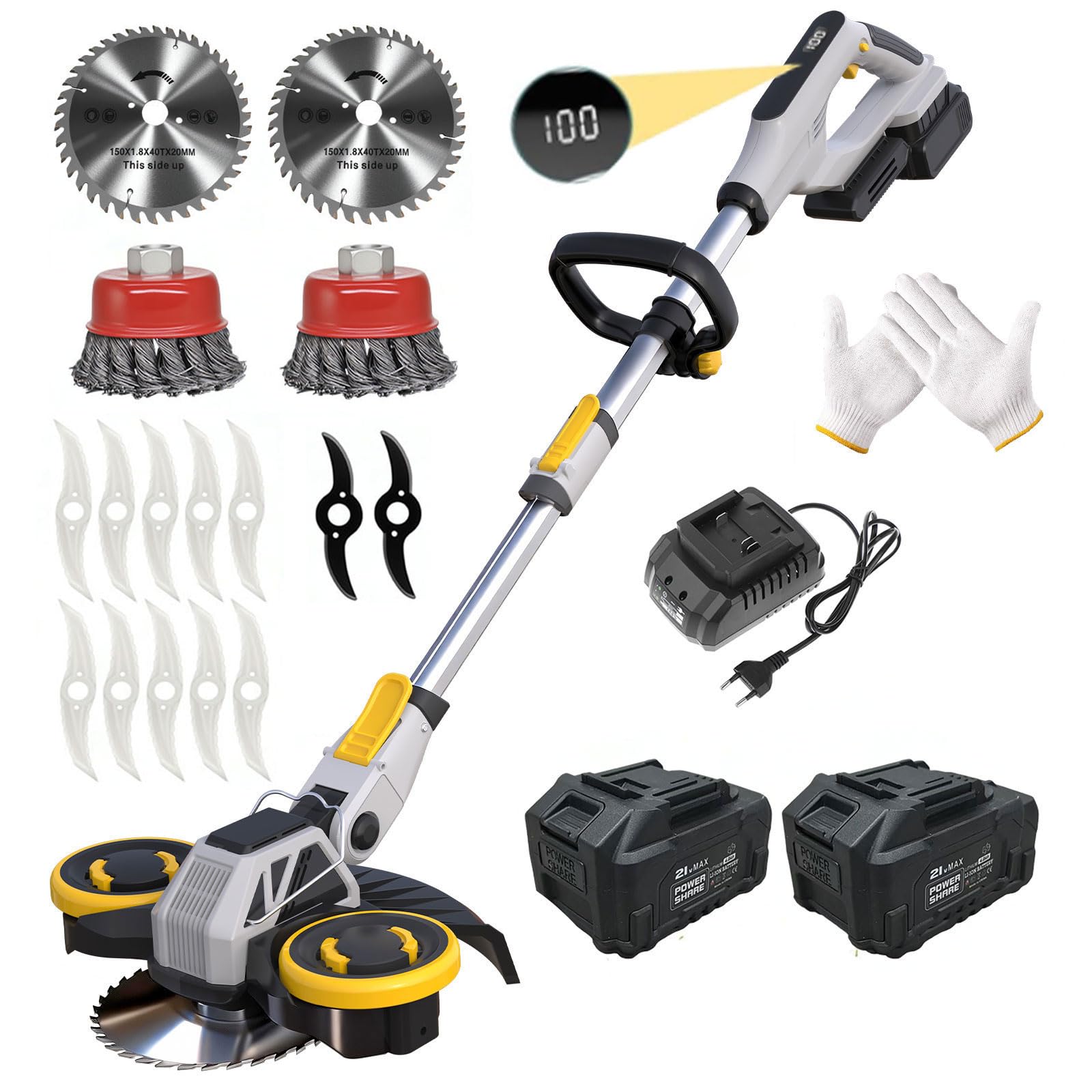 Cordless Grass Trimmer with 2 Batteries & Charger, 900W Brushless Strimmer, Electric Lawn Edger with Metal & Plastic Blades, Adjustable Telescopic Shaft for Grass, Weeds & Garden Edges