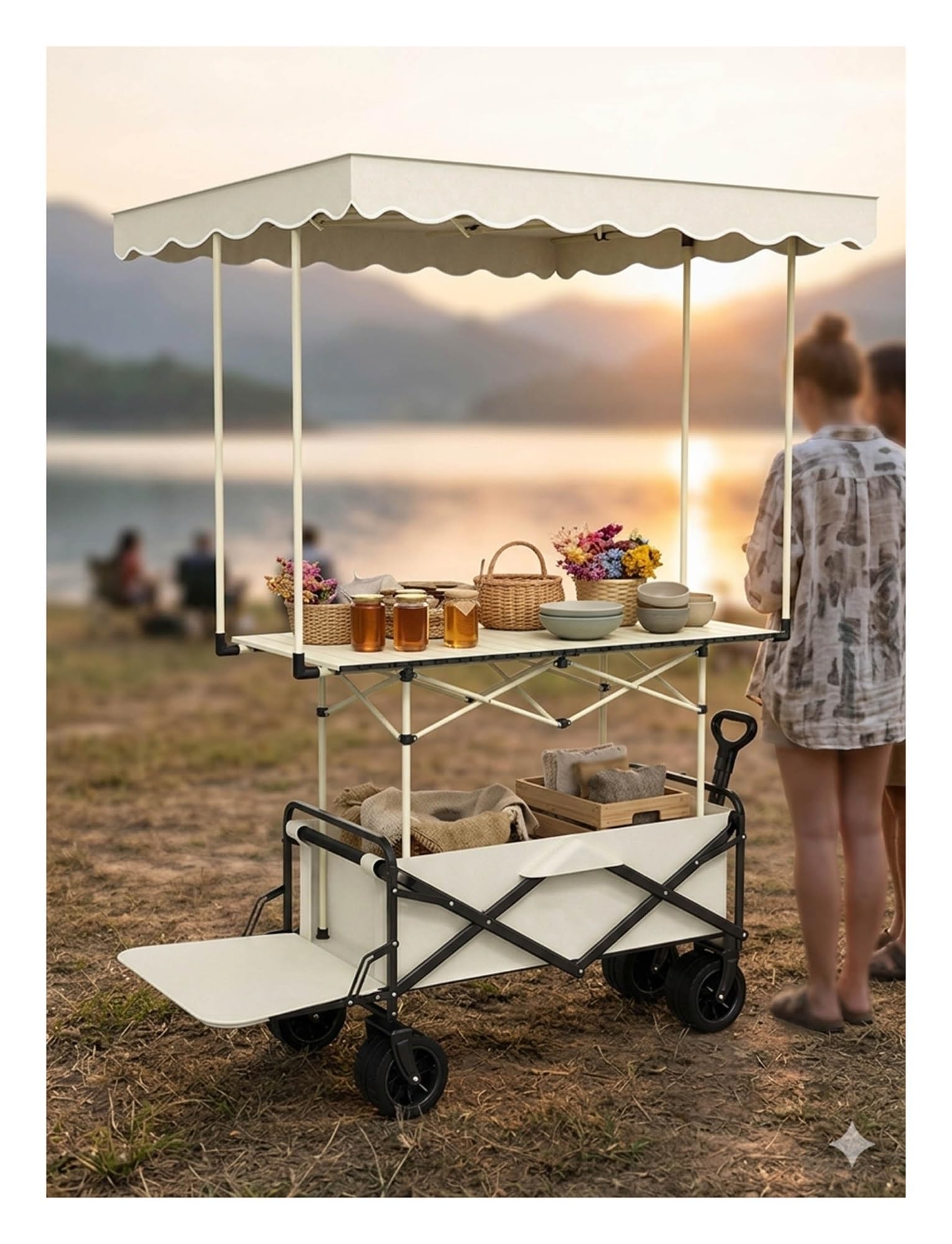 Carrello per alimenti resistente con tettoia, carrello pieghevole per eventi, mercati e festival, carro mobile con tavolo, perfetto per venditori ambulanti