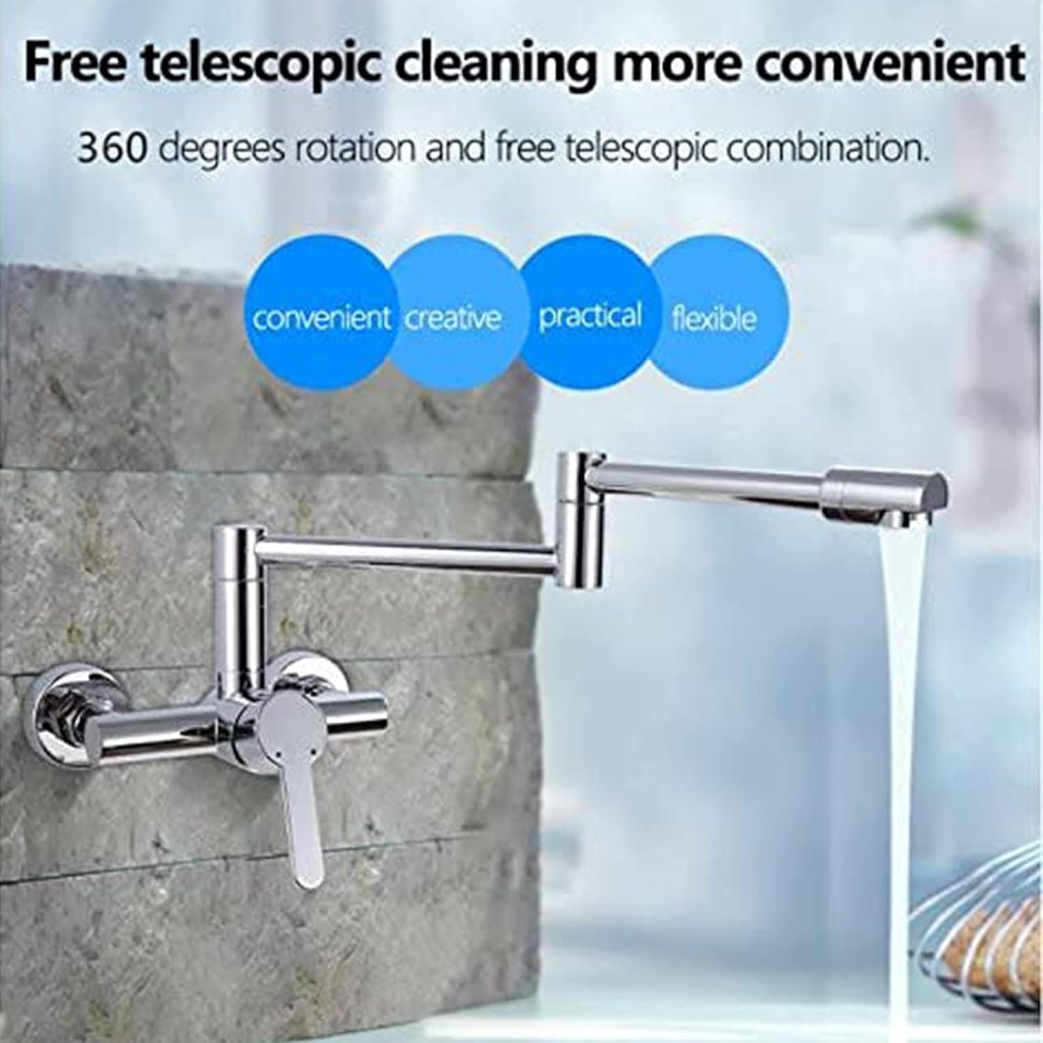 Pot Filler Faucet Wall Mounted, Solid Brass Folding Stretchable Kitchen Sink Faucet, Single Handle Double Hole Mixer Tap, with Double Joint Swing Arm