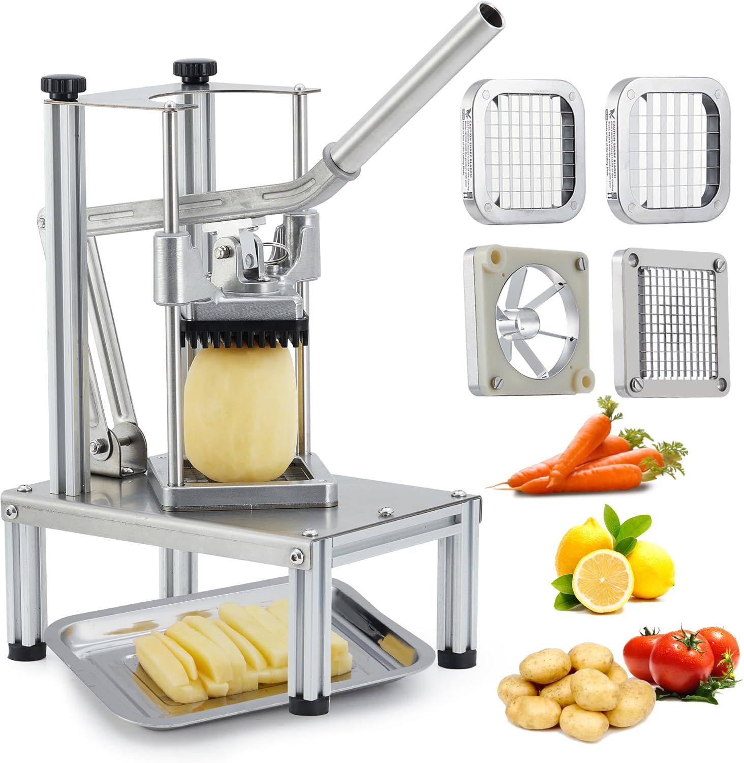 Commercial Vegetable Fruit Chopper, Stainless Steel French Fry Cutter w/ 4 Blades 1/4" 3/8" 1/2", Vegetable Chopper Dicer w/Stainless Bowl, Heavy Duty Cutter for Potato Tomato Onion Mushroom