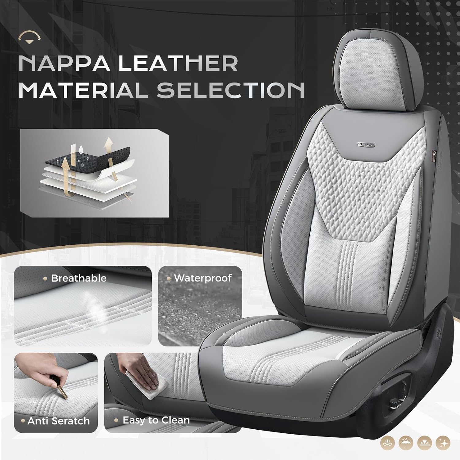 Coverado Car Seat Covers Full Set, Front Seat Covers with Lumbar Support and Back Seat Cover Waterproof Leather Automotive Seat Cover, Universal Car Interior Protectors Cushion for Most Cars