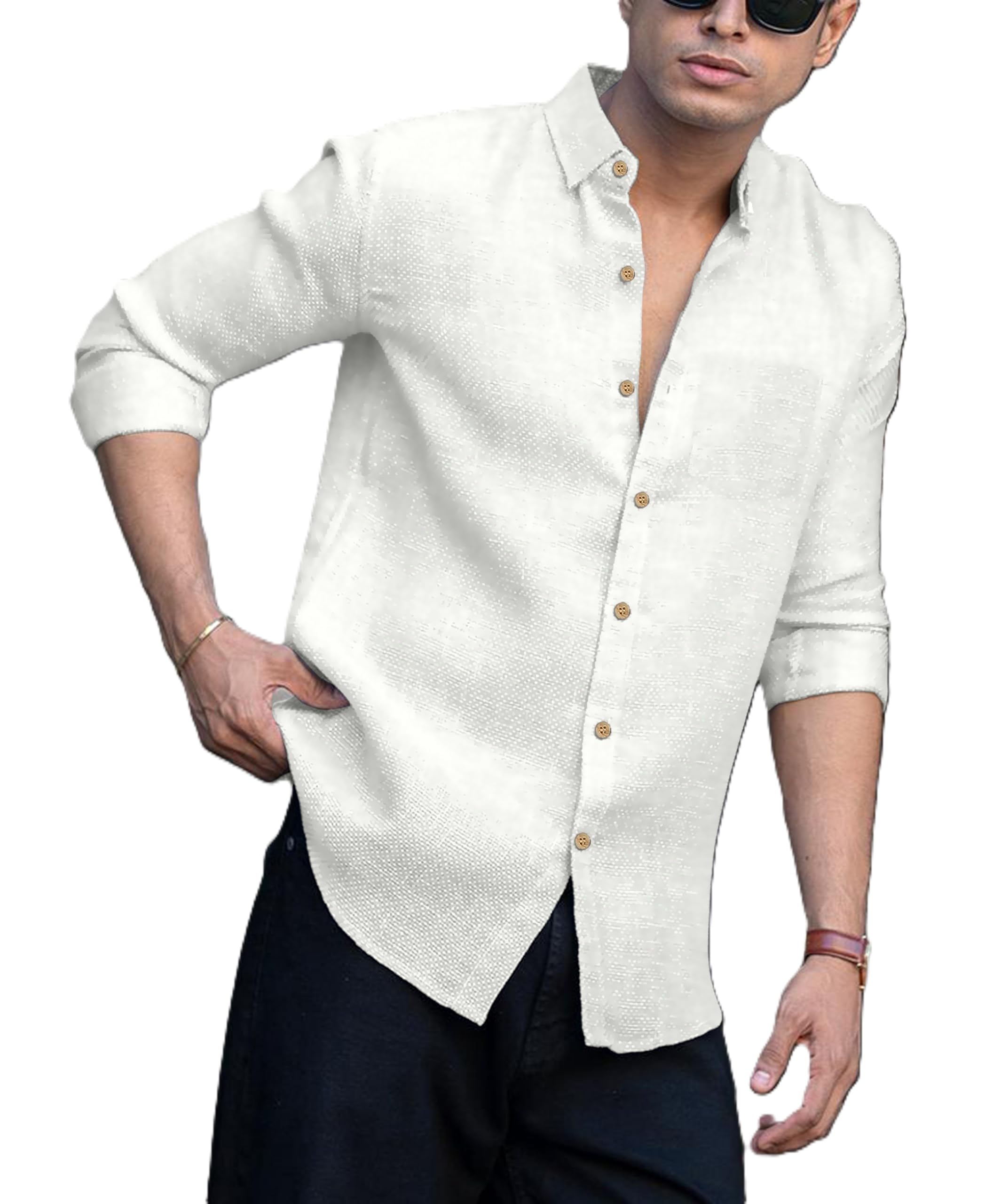 Men's Casual Linen Blend Shirt – Full Sleeve Slim Fit Solid Shirt for Everyday | White Color | S