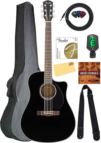 Fender CD-60SCE - Guitarra electroacústica Dreadnought de tapa sólida - Paquete negro con funda, cable, afinador, correa, cuerdas, púas, DVD